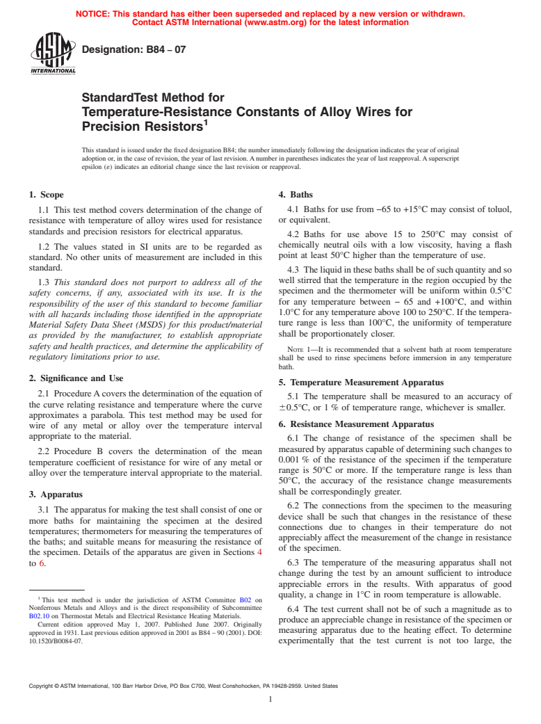 ASTM B84-07 - Standard Test Method for Temperature-Resistance Constants of Alloy Wires for Precision Resistors