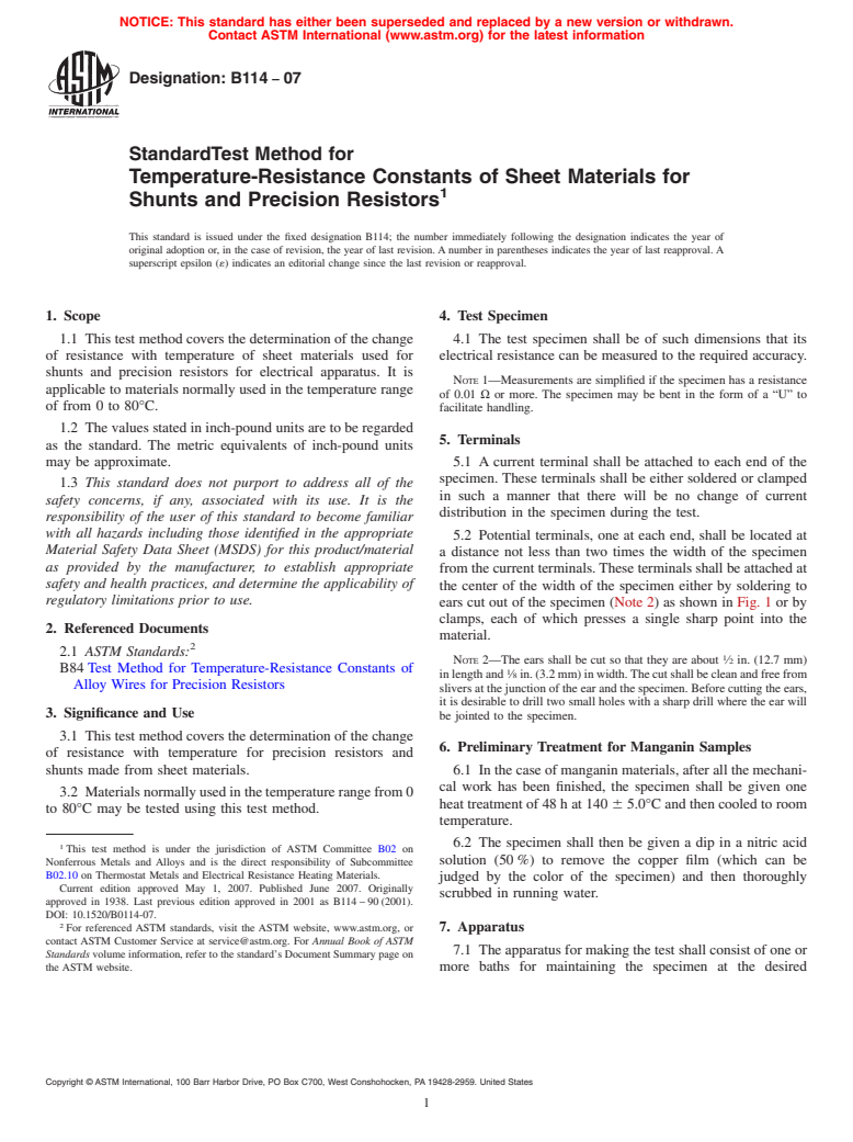 ASTM B114-07 - Standard Test Method for Temperature-Resistance Constants of Sheet Materials for Shunts and Precision Resistors