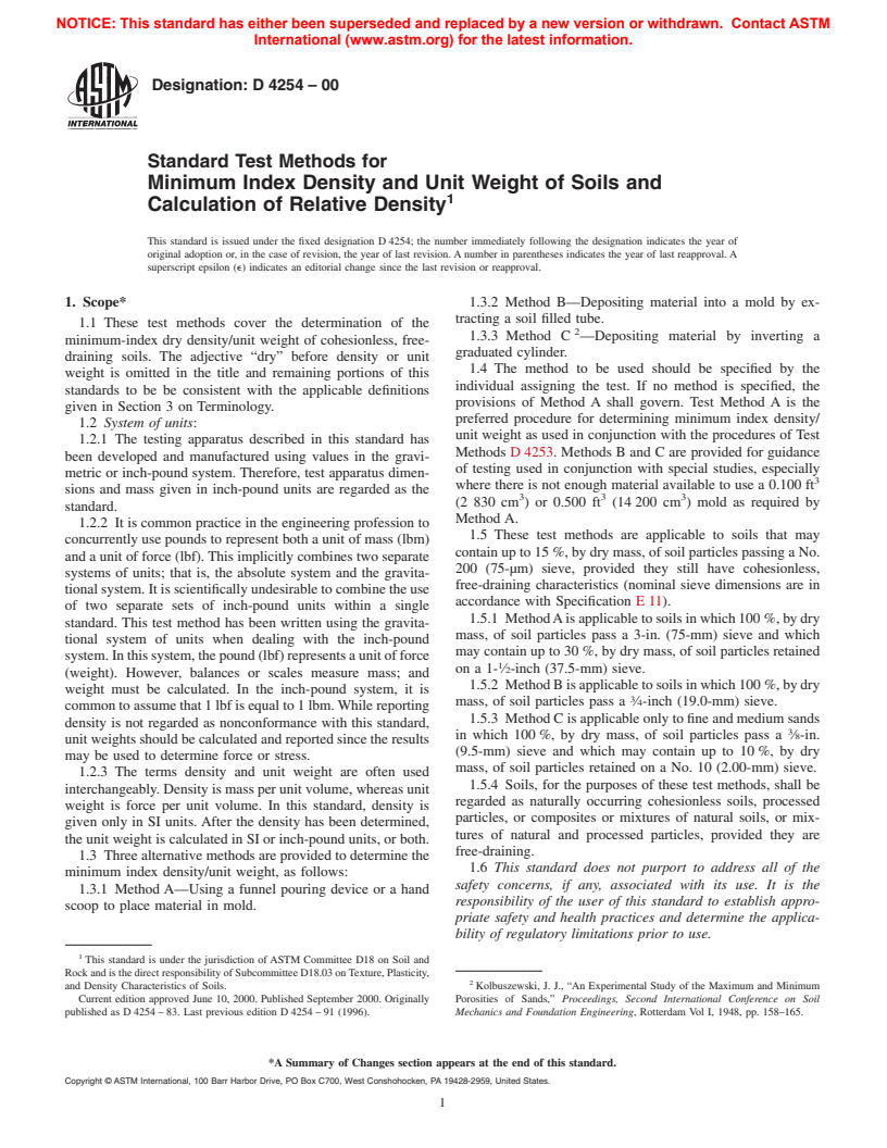 ASTM D4254-00 - Standard Test Methods for Minimum Index Density and Unit Weight of Soils and Calculation of Relative Density