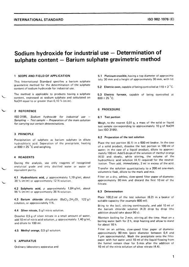ISO 982:1976 - Sodium hydroxide for industrial use -- Determination of sulphate content -- Barium sulphate gravimetric method