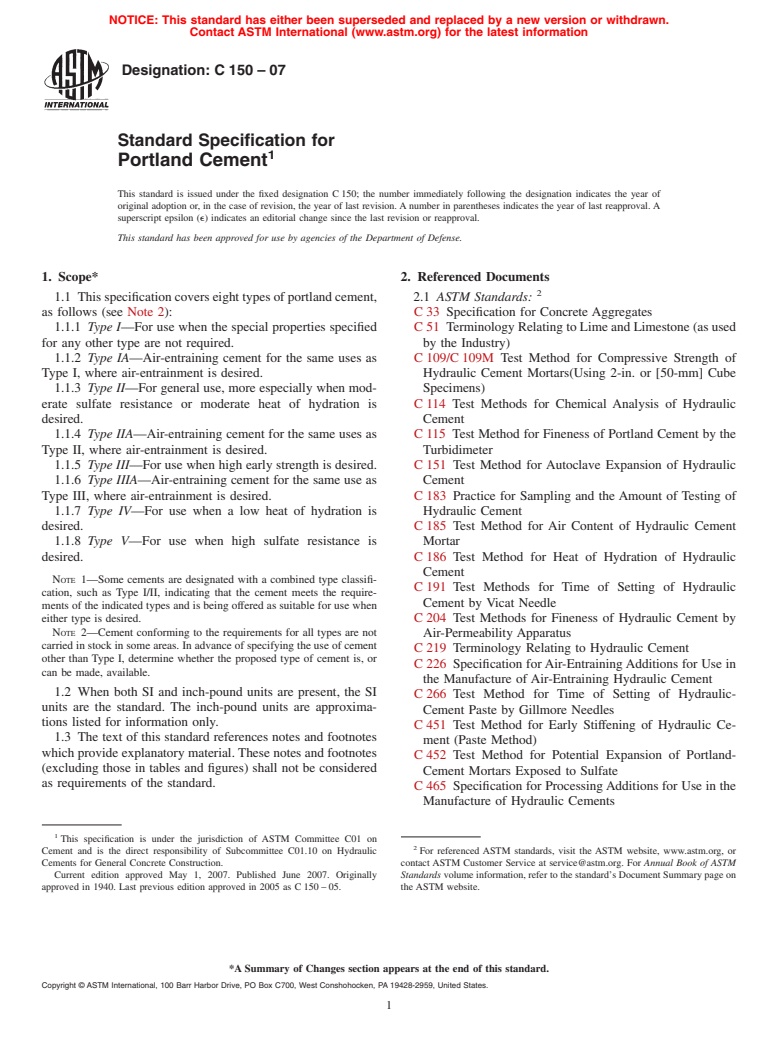 ASTM C150-07 - Standard Specification for Portland Cement