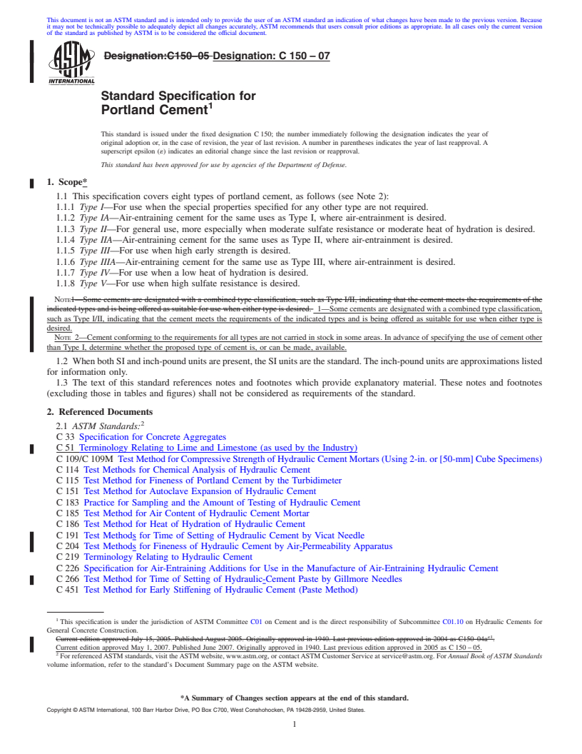 REDLINE ASTM C150-07 - Standard Specification for Portland Cement