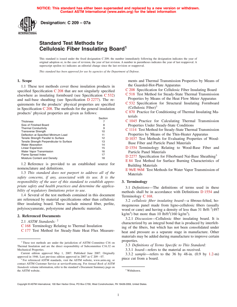 ASTM C209-07a - Standard Test Methods for Cellulosic Fiber Insulating Board