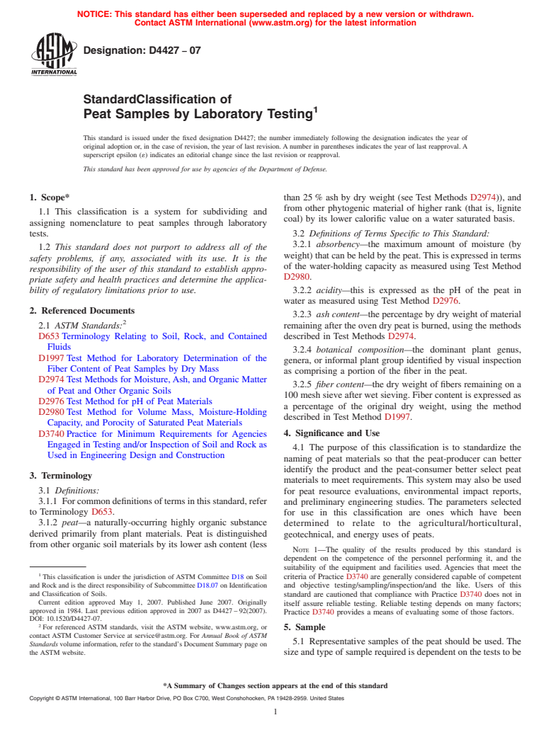 ASTM D4427-07 - Standard Classification of Peat Samples by Laboratory Testing