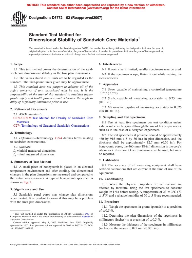 ASTM D6772-02(2007) - Standard Test Method for Dimensional Stability of Sandwich Core Materials