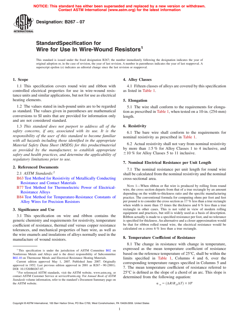 ASTM B267-07 - Standard Specification for Wire for Use In Wire-Wound Resistors