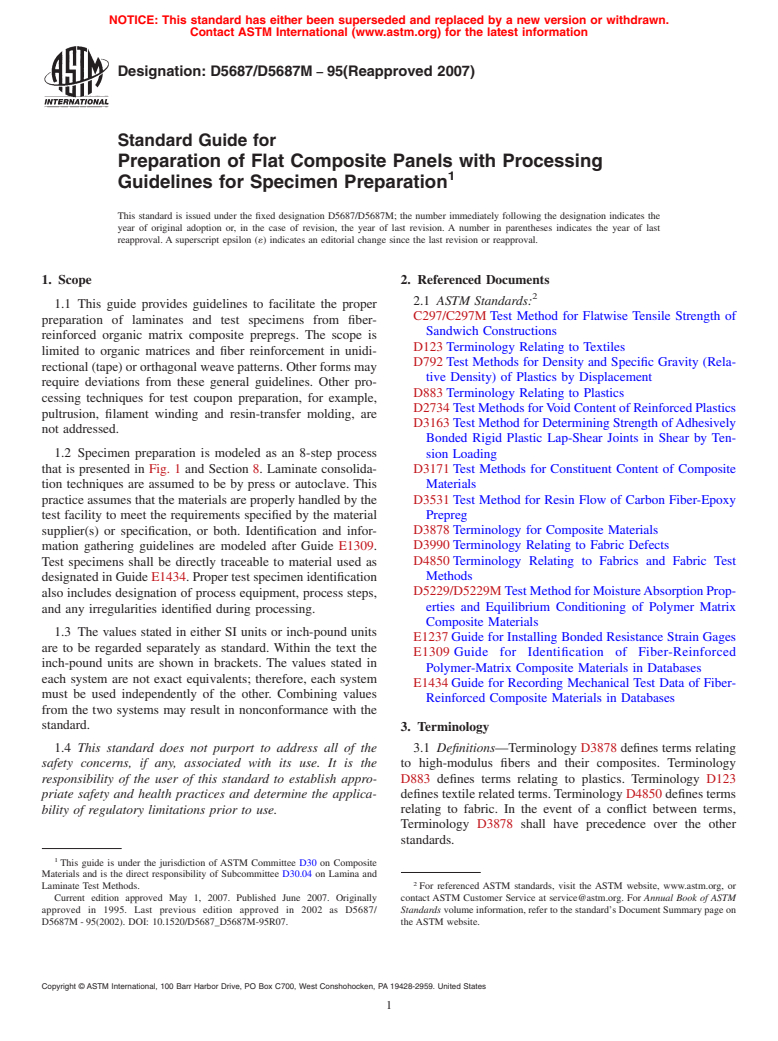 ASTM D5687/D5687M-95(2007) - Standard Guide for Preparation of Flat Composite Panels with Processing Guidelines for Specimen Preparation