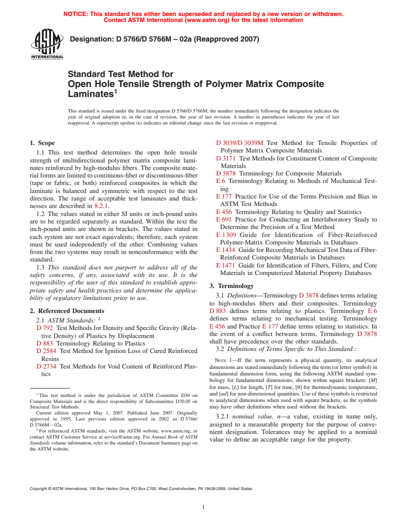 ASTM D5766/D5766M-02a(2007) - Standard Test Method for Open Hole Tensile Strength of Polymer Matrix Composite Laminates