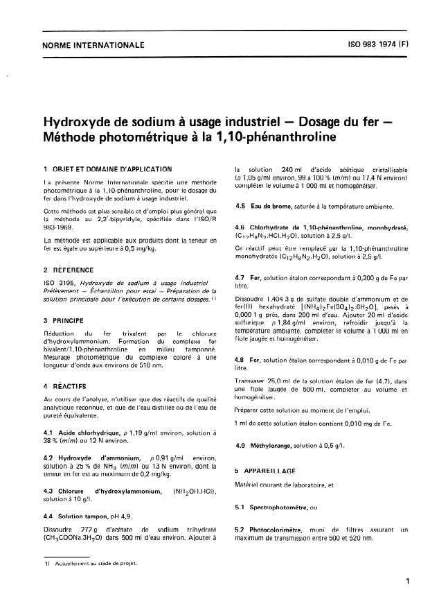 ISO 983:1974 - Hydroxyde de sodium a usage industriel -- Dosage du fer -- Méthode photométrique a la 1,10- phénanthroline