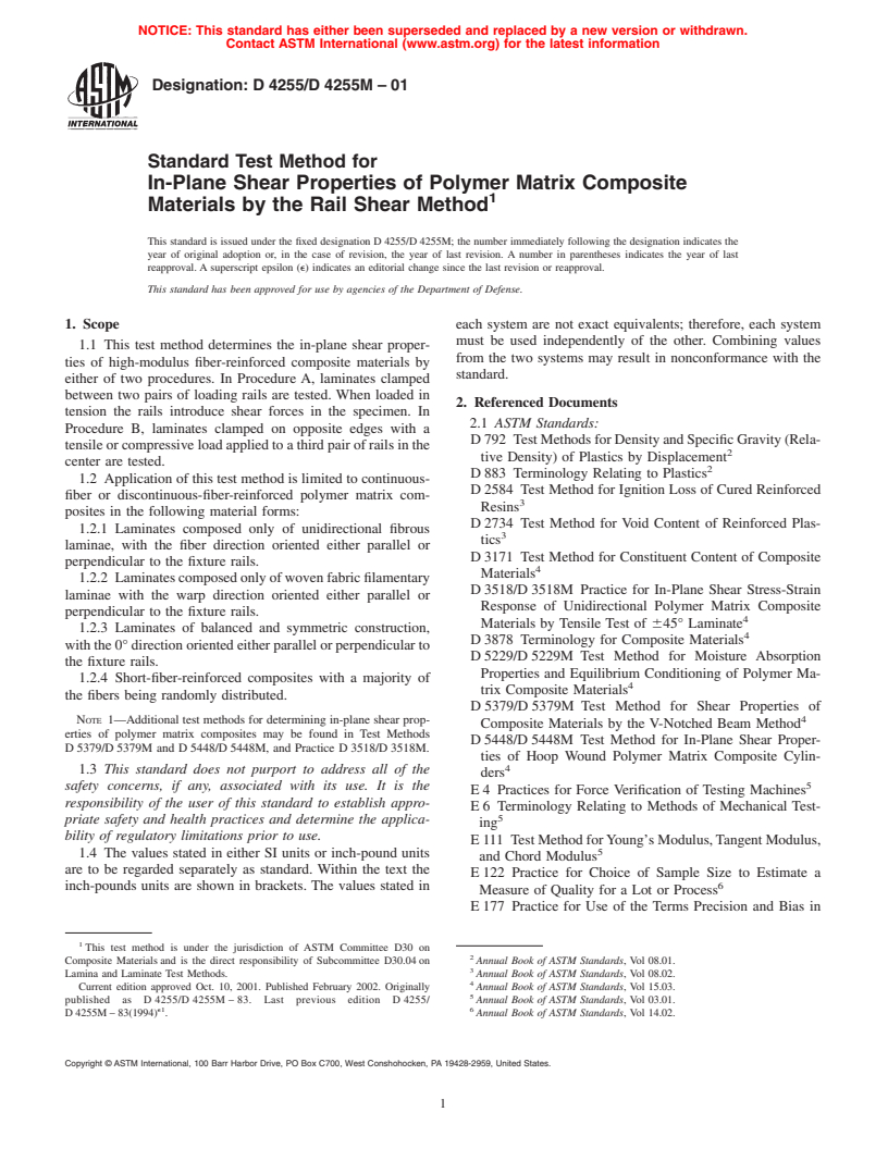 ASTM D4255/D4255M-01 - Standard Test Method for In-Plane Shear Properties of Polymer Matrix Composite Materials by the Rail Shear Method