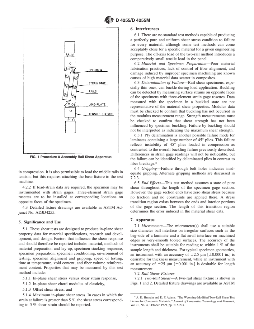 ASTM D4255/D4255M-01 - Standard Test Method for In-Plane Shear Properties of Polymer Matrix Composite Materials by the Rail Shear Method