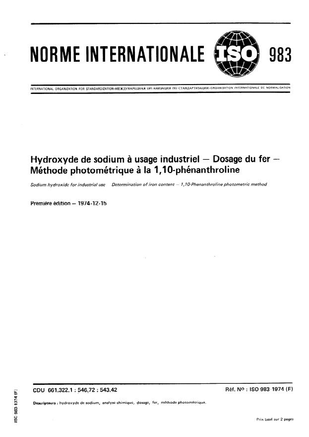 ISO 983:1974 - Hydroxyde de sodium a usage industriel -- Dosage du fer -- Méthode photométrique a la 1,10- phénanthroline
