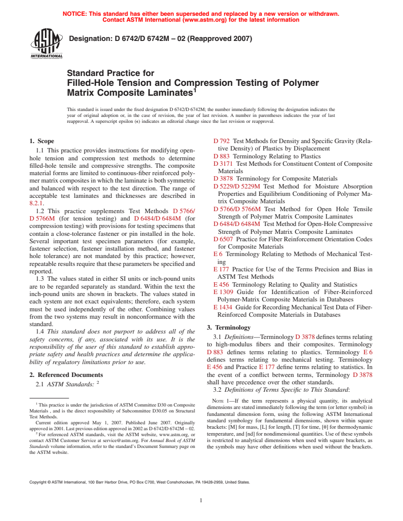 ASTM D6742/D6742M-02(2007) - Standard Practice for Filled-Hole Tension and Compression Testing of Polymer Matrix Composite Laminates