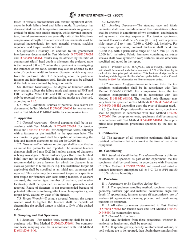 ASTM D6742/D6742M-02(2007) - Standard Practice for Filled-Hole Tension and Compression Testing of Polymer Matrix Composite Laminates