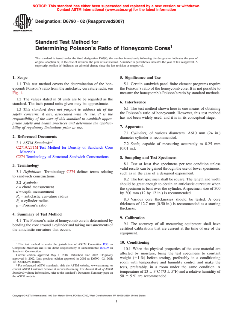 ASTM D6790-02(2007) - Standard Test Method for Determining Poisson's Ratio of Honeycomb Cores