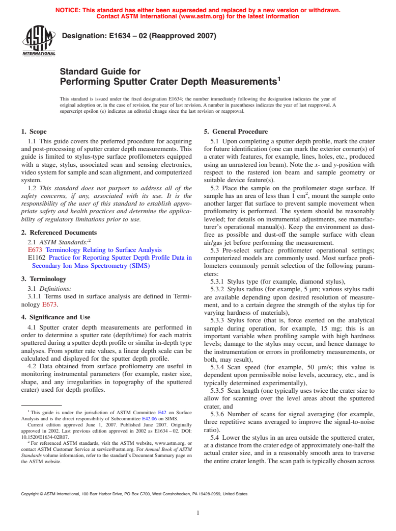 ASTM E1634-02(2007) - Standard Guide for Performing Sputter Crater Depth Measurements