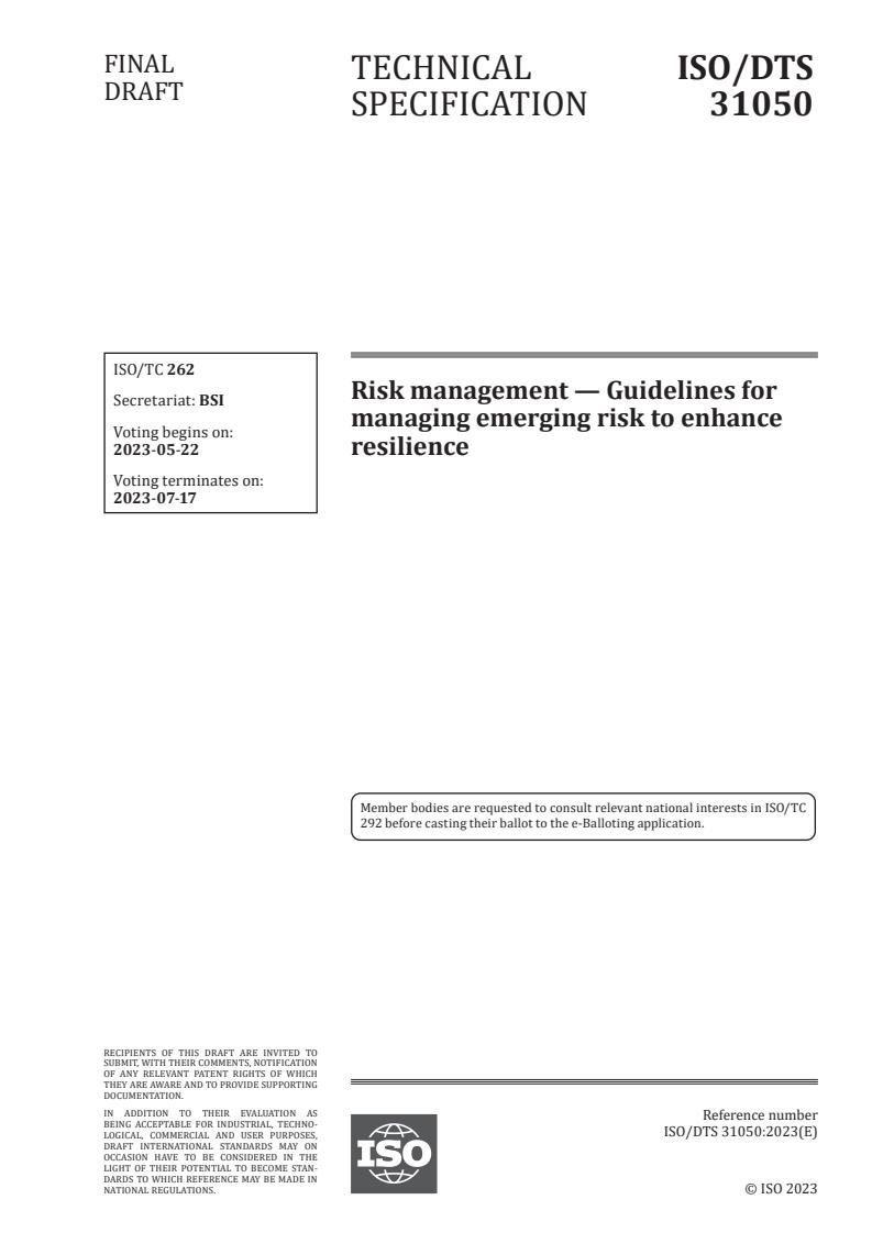 ISO/DTS 31050 - Risk management — Guidelines for managing emerging risk to enhance resilience
Released:8. 05. 2023