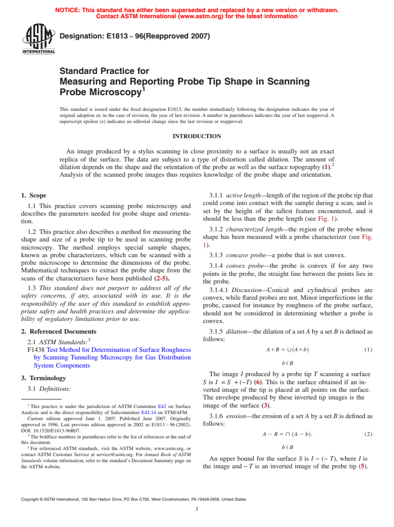 ASTM E1813-96(2007) - Standard Practice for Measuring and Reporting Probe Tip Shape in Scanning Probe Microscopy (Withdrawn 2016)