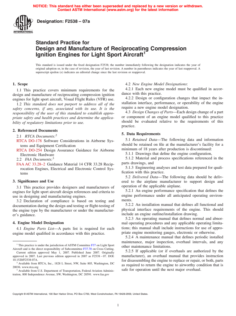 ASTM F2538-07a - Standard Practice for Design and Manufacture of Reciprocating Compression Ignition Engines for Light Sport Aircraft