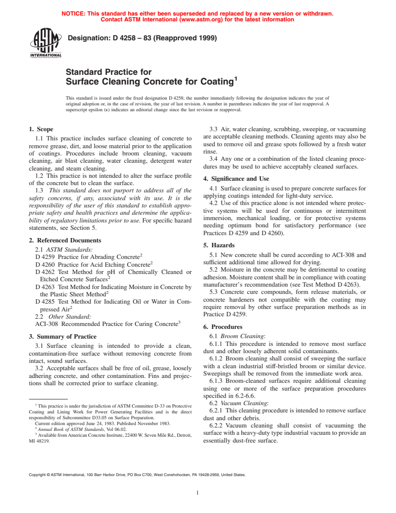 ASTM D4258-83(1999) - Standard Practice for Surface Cleaning Concrete for Coating