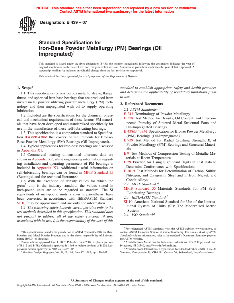 ASTM B439-07 - Standard Specification for Iron-Base Powder Metallurgy (PM) Bearings (Oil Impregnated)