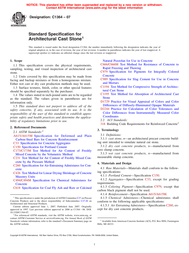 ASTM C1364-07 - Standard Specification for Architectural Cast Stone