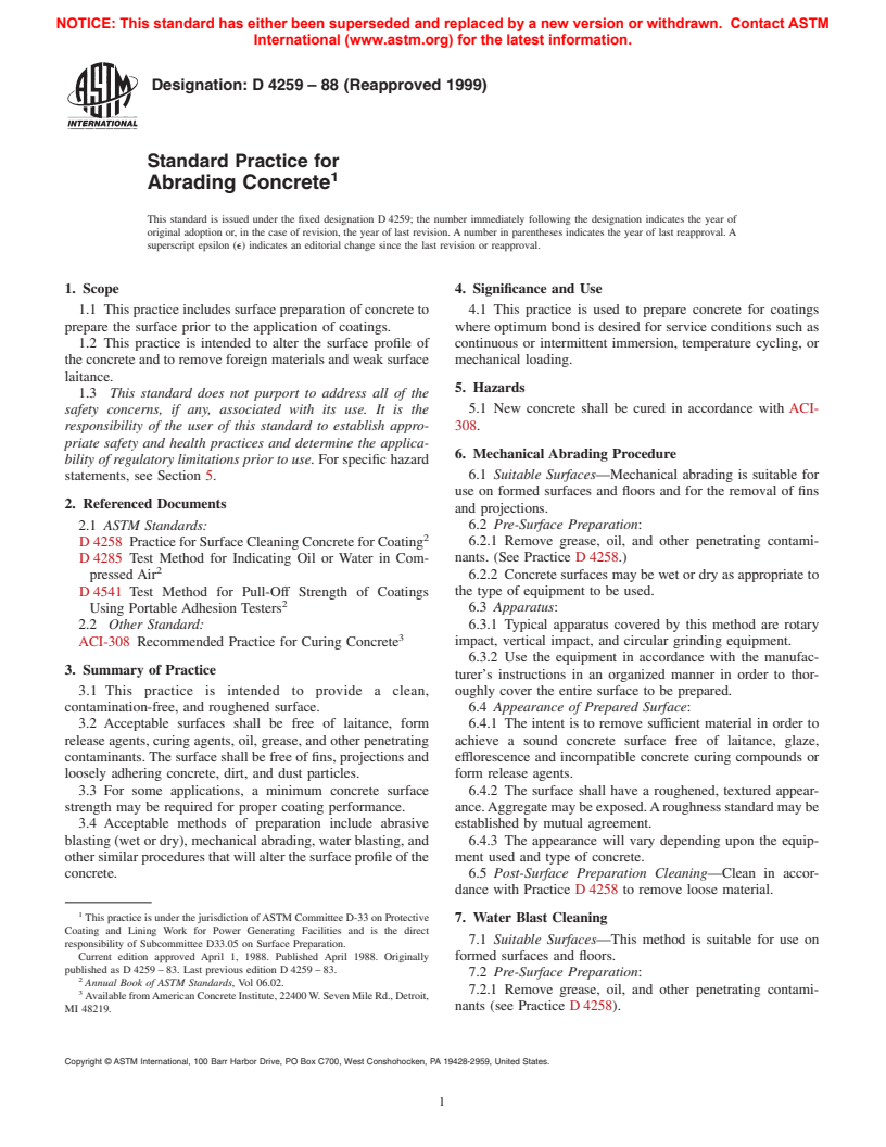 ASTM D4259-88(1999) - Standard Practice for Abrading Concrete