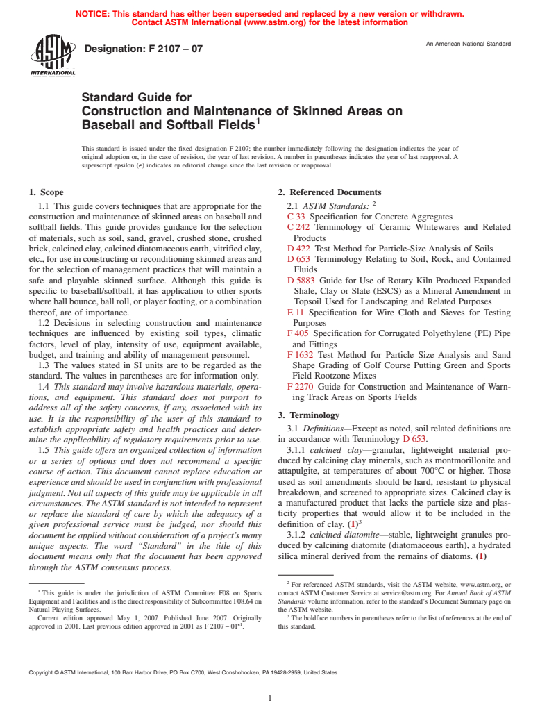 ASTM F2107-07 - Standard Guide for Construction and Maintenance of Skinned Areas on Baseball and Softball Fields