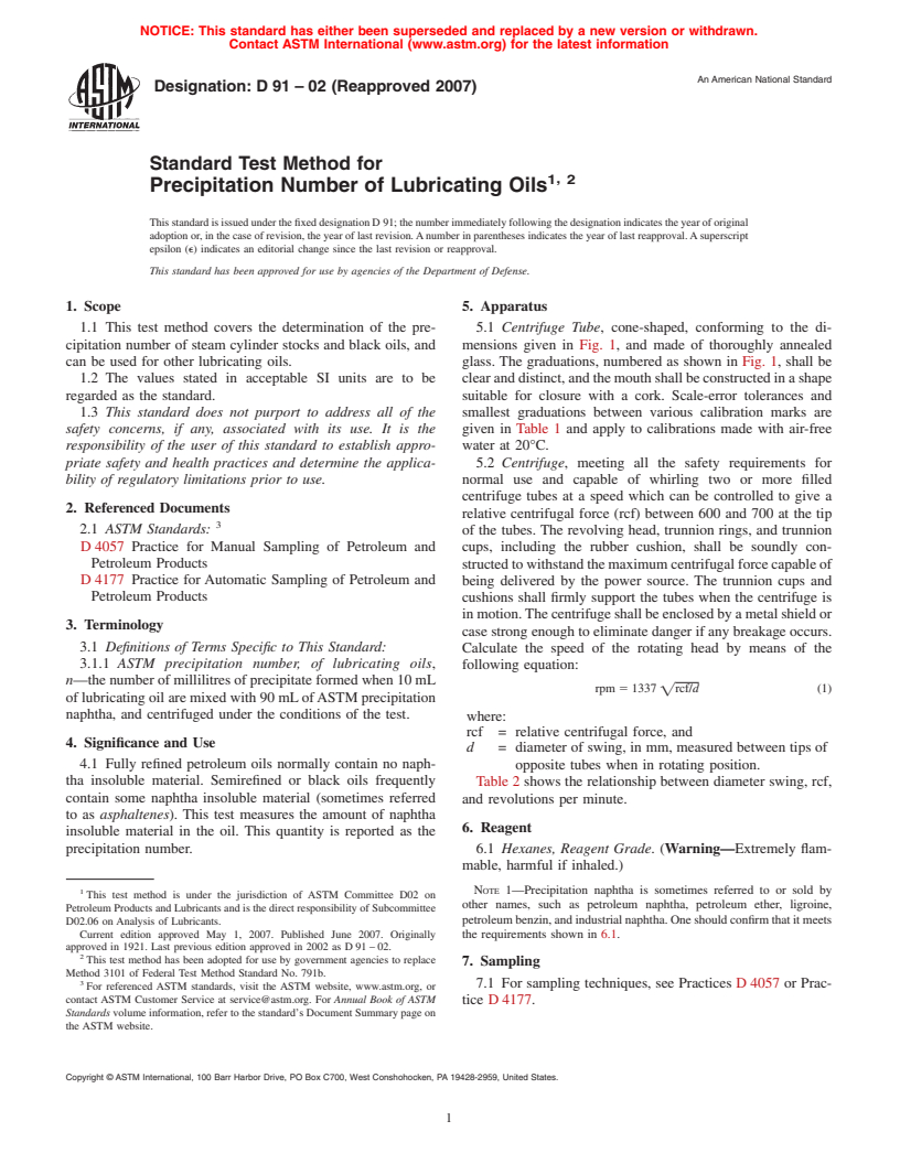 ASTM D91-02(2007) - Standard Test Method for Precipitation Number of Lubricating Oils