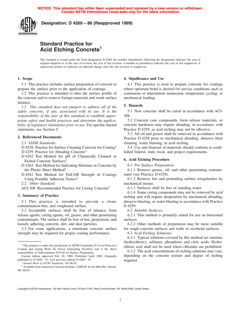 ASTM D4260-88(1999) - Standard Practice for Acid Etching Concrete