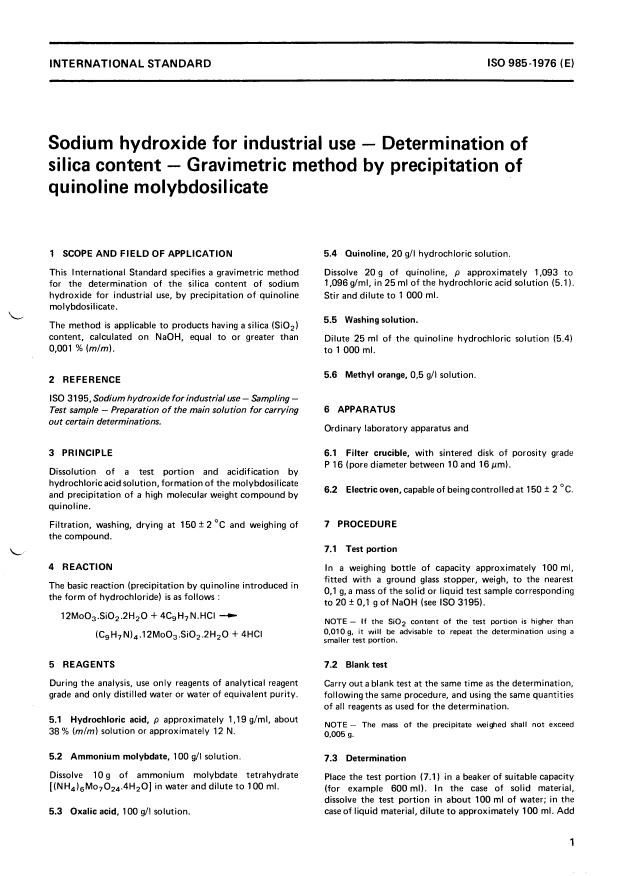 ISO 985:1976 - Sodium hydroxide for industrial use -- Determination of silica content -- Gravimetric method by precipitation of quinoline molybdosilicate