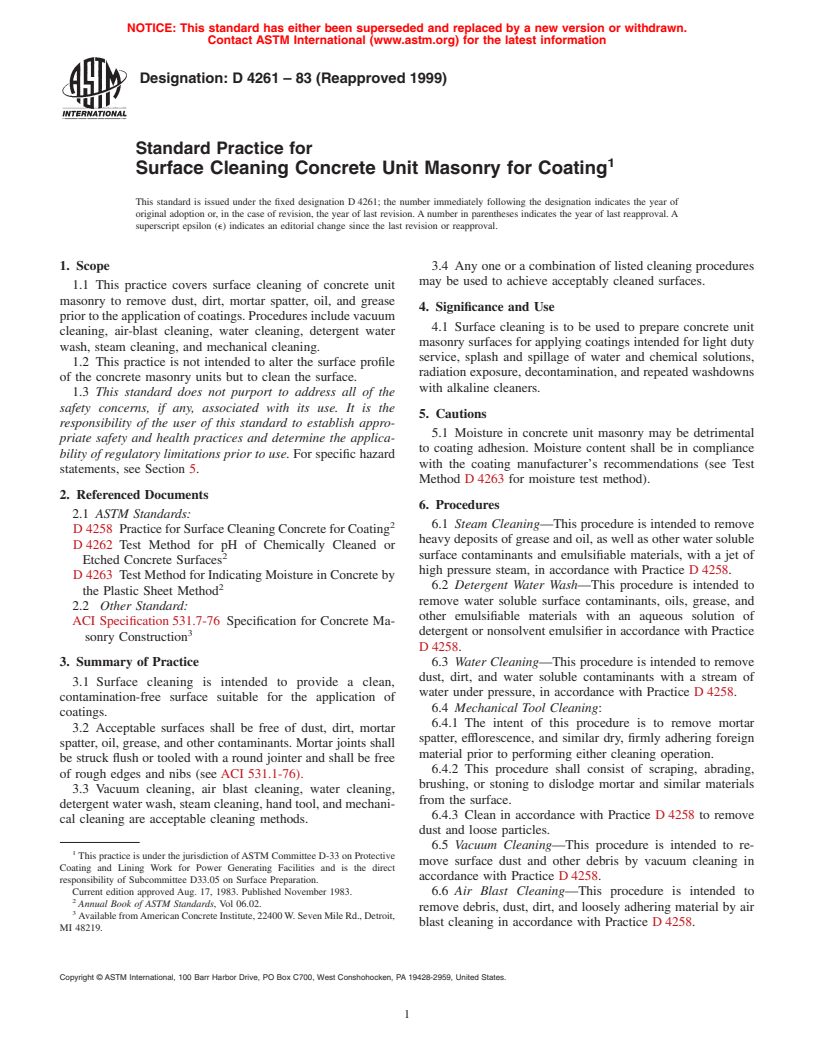 ASTM D4261-83(1999) - Standard Practice for Surface Cleaning Concrete Unit Masonry for Coating