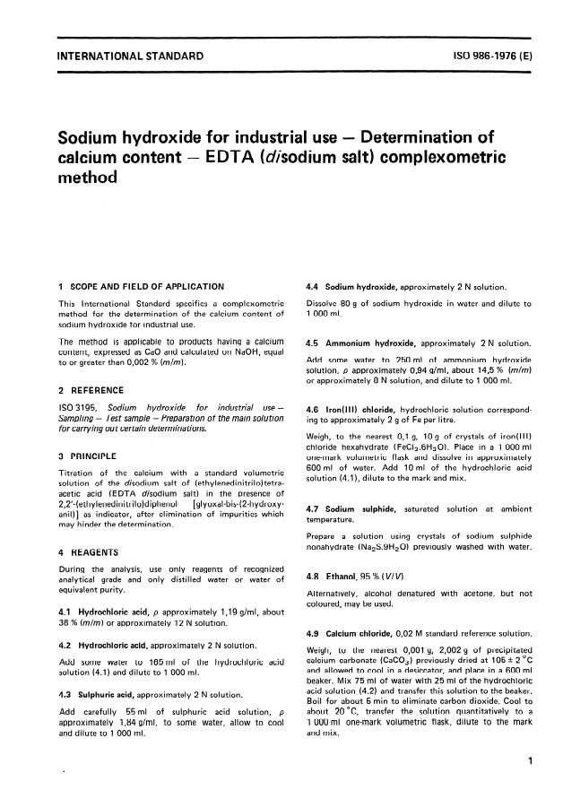 ISO 986:1976 - Sodium hydroxide for industrial use -- Determination of calcium content  -- EDTA (disodium salt) complexometric method