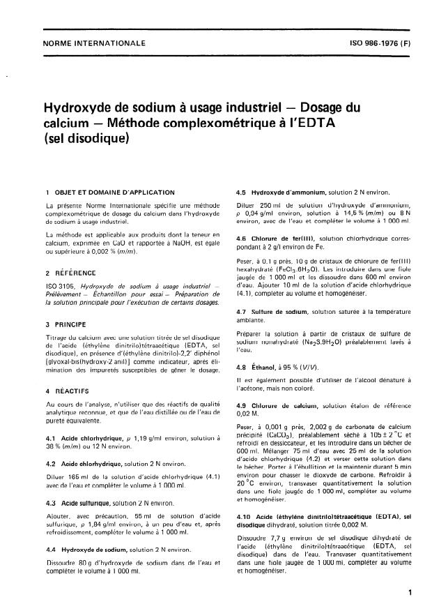 ISO 986:1976 - Hydroxyde de sodium a usage industriel -- Dosage du calcium -- Méthode complexométrique a l'EDTA (sel disodique)