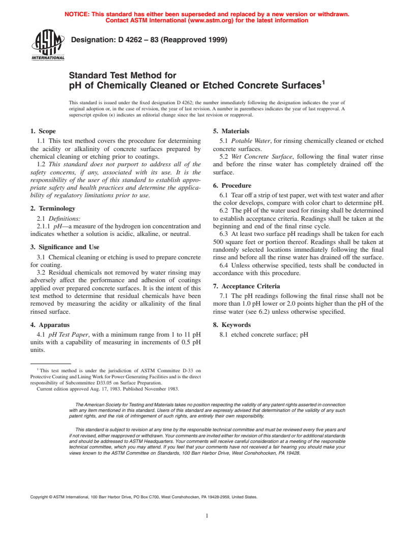 ASTM D4262-83(1999) - Standard Test Method for pH of Chemically Cleaned or Etched Concrete Surfaces