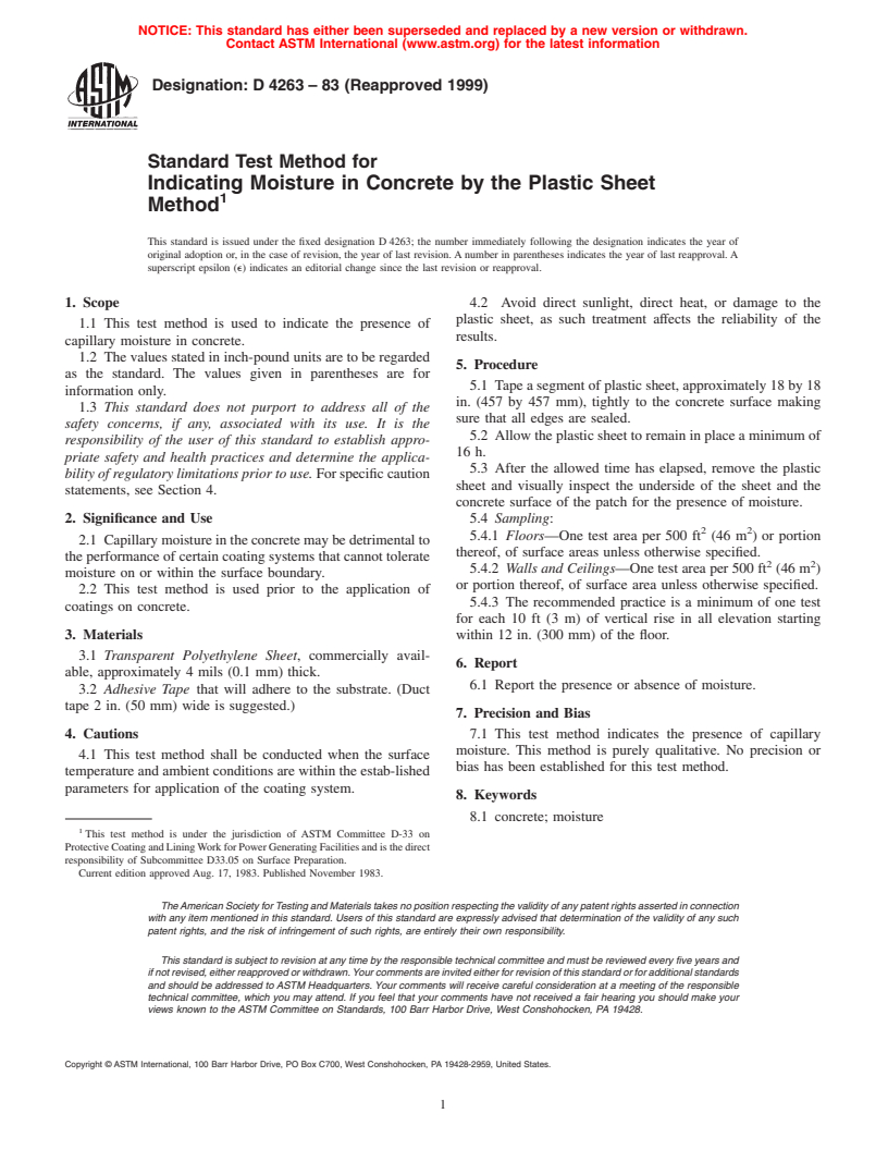 ASTM D4263-83(1999) - Standard Test Method for Indicating Moisture in Concrete by the Plastic Sheet Method