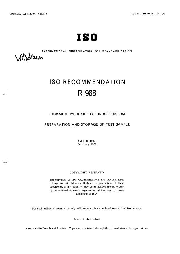 ISO/R 988:1969 - Withdrawal of ISO/R 988-1969