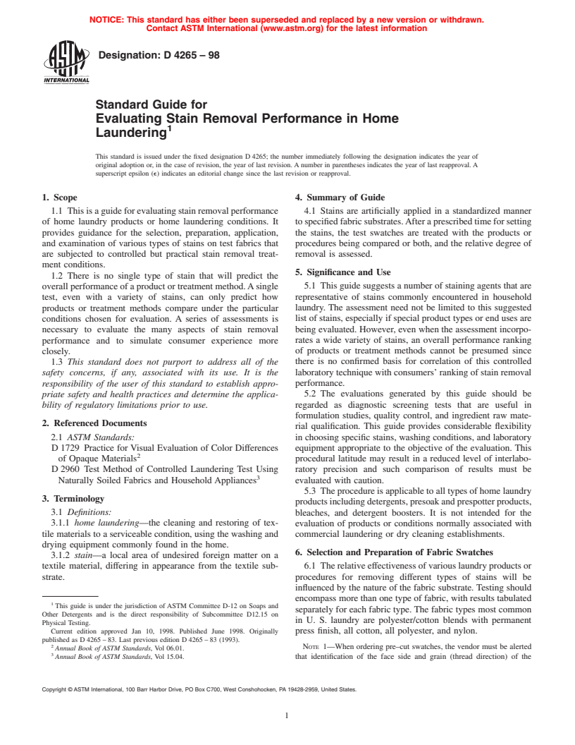 ASTM D4265-98 - Standard Guide for Evaluating Stain Removal Performance in Home Laundering