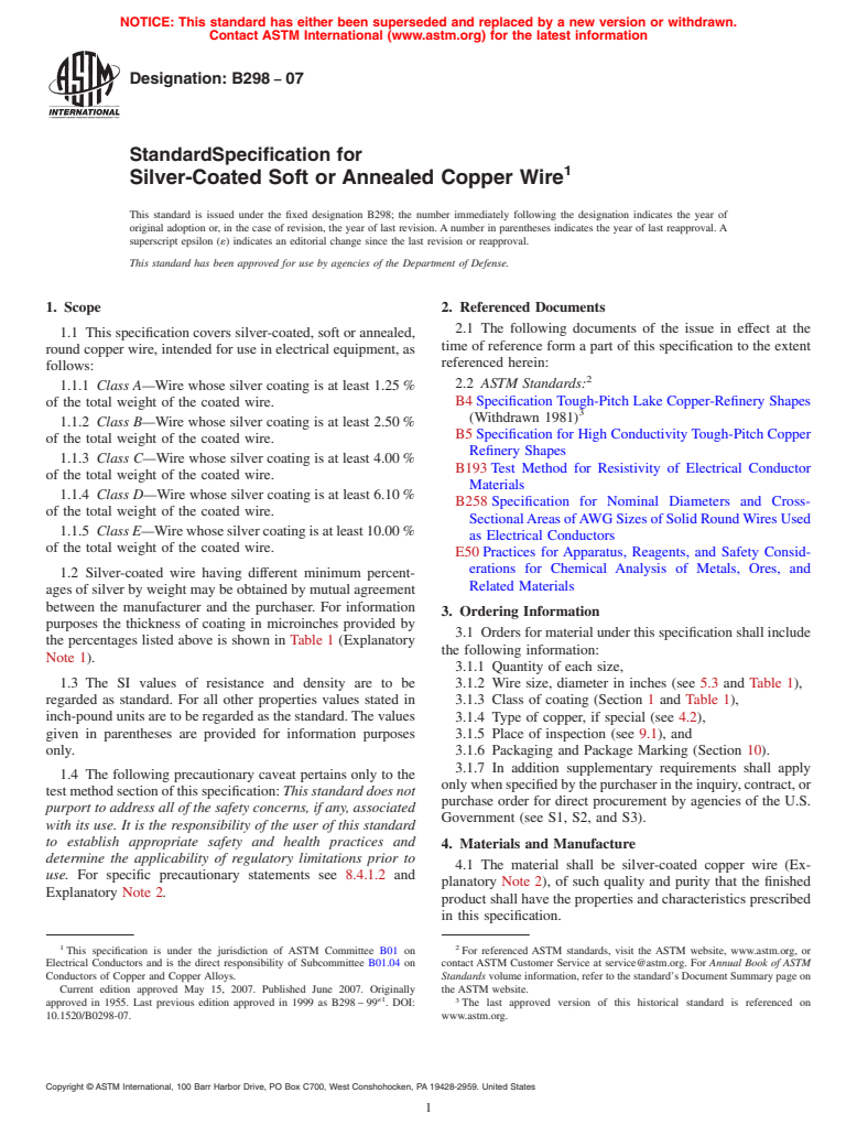 ASTM B298-07 - Standard Specification for Silver-Coated Soft or Annealed Copper Wire