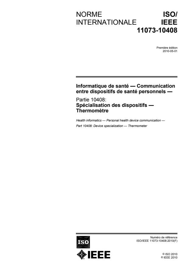 ISO/IEEE 11073-10408:2010 - Informatique de santé -- Communication entre dispositifs de santé personnels