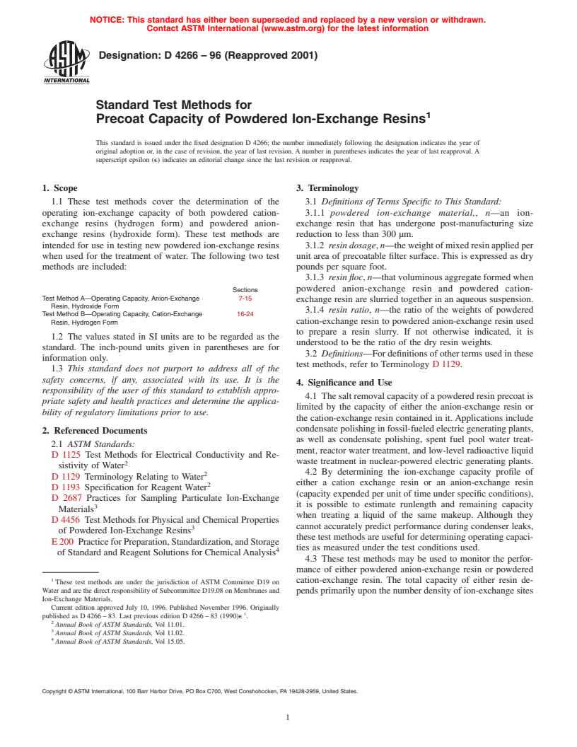 ASTM D4266-96(2001) - Standard Test Methods for Precoat Capacity of Powdered Ion-Exchange Resins