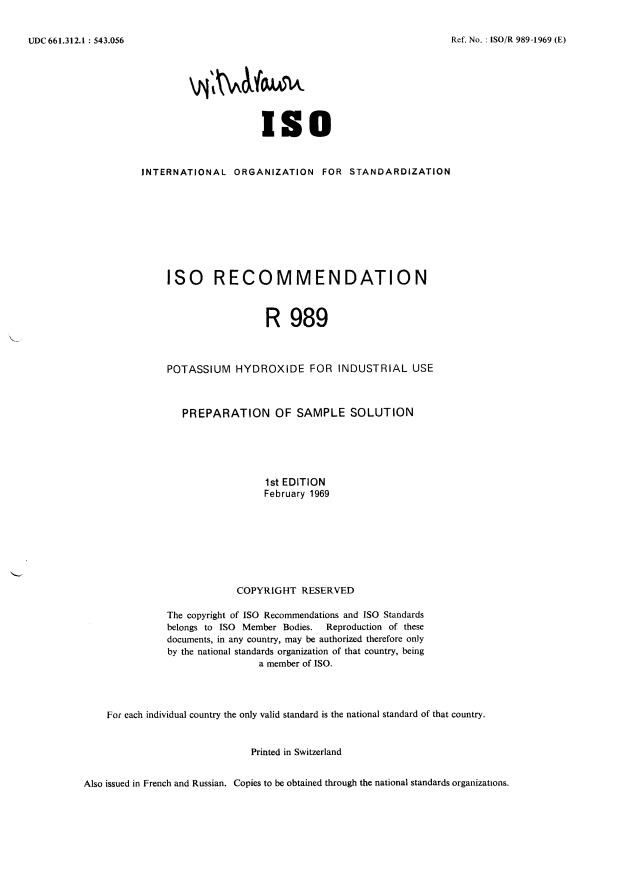 ISO/R 989:1969 - Withdrawal of ISO/R 989-1969