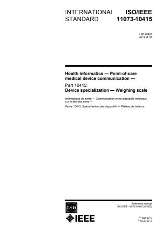 ISO/IEEE 11073-10415:2010 - Health informatics -- Personal health device communication