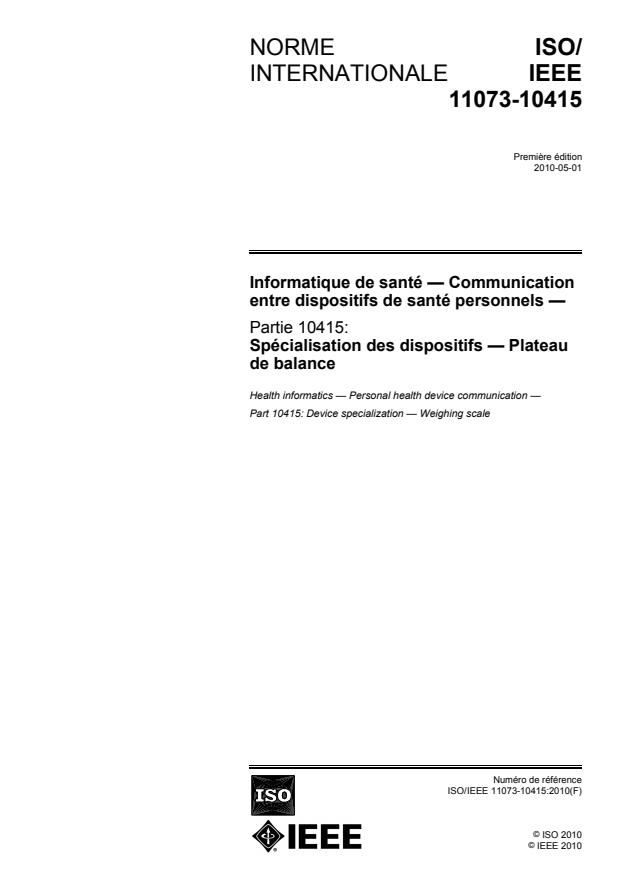 ISO/IEEE 11073-10415:2010 - Informatique de santé -- Communication entre dispositifs de santé personnels