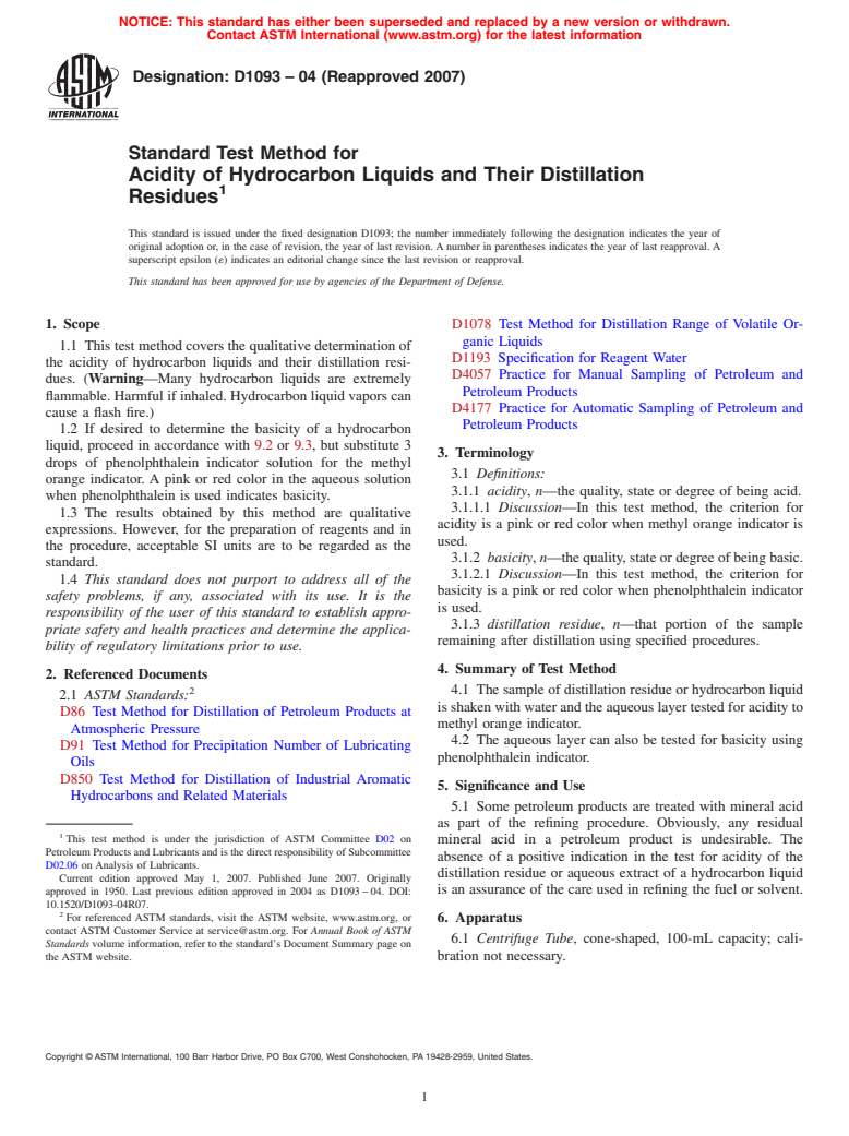 ASTM D1093-04(2007) - Standard Test Method for Acidity of Hydrocarbon Liquids and Their Distillation Residues