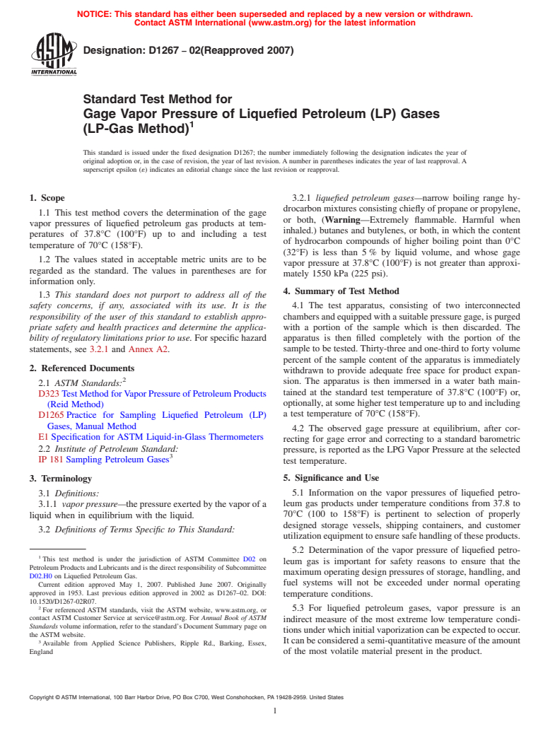 ASTM D1267-02(2007) - Standard Test Method for Gage Vapor Pressure of Liquefied Petroleum (LP) Gases (LP-Gas Method)