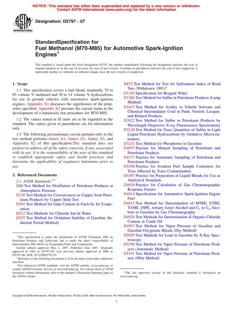 ASTM D5797-07 - Standard Specification for Fuel Methanol (M70-M85) for Automotive Spark-Ignition Engines