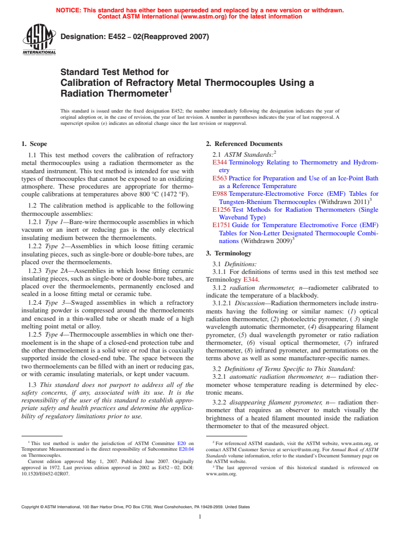 ASTM E452-02(2007) - Standard Test Method for Calibration of Refractory Metal Thermocouples Using a Radiation Thermometer