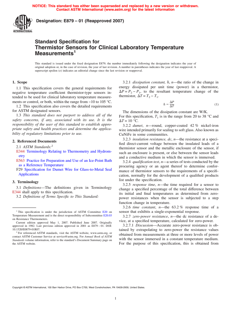 ASTM E879-01(2007) - Standard Specification for Thermistor Sensors for Clinical Laboratory Temperature Measurements