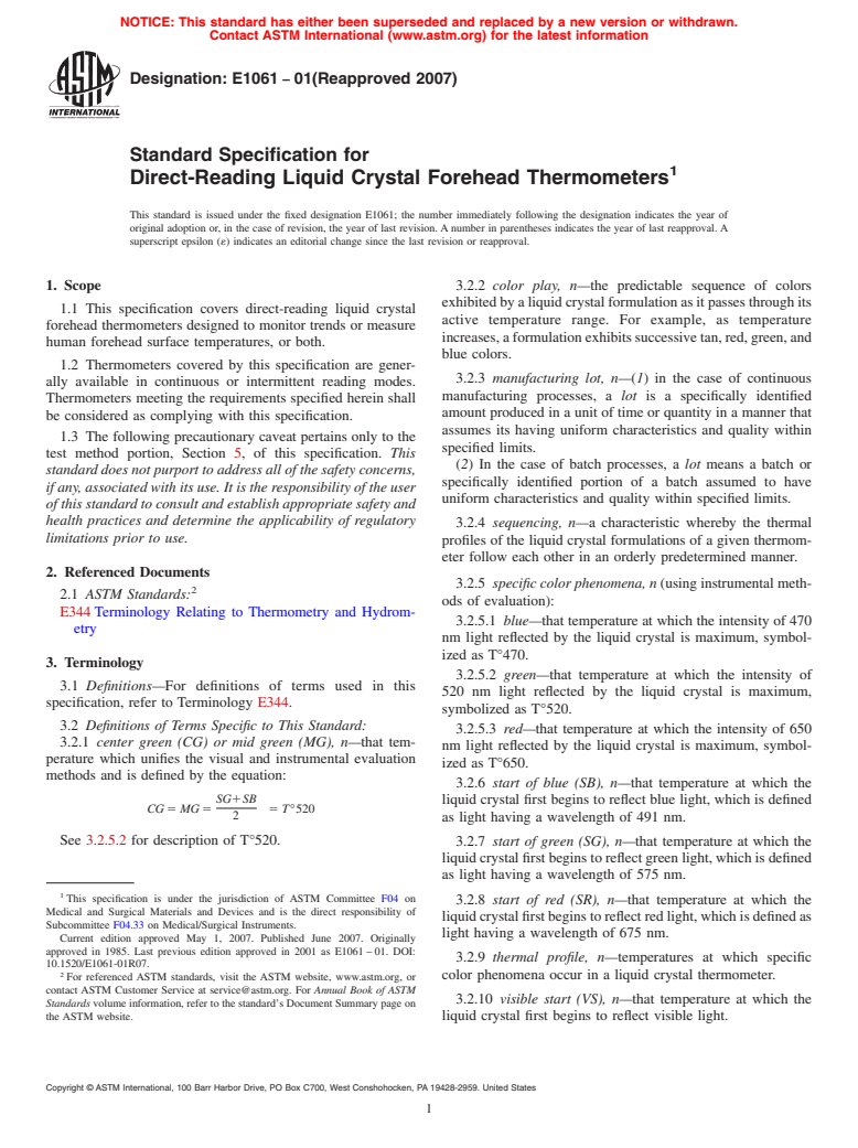 ASTM E1061-01(2007) - Standard Specification for Direct-Reading Liquid Crystal Forehead Thermometers